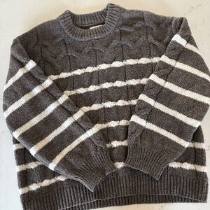 LC Lauren Conrad Brown and White Striped Cable-Knit Crewneck Sweater